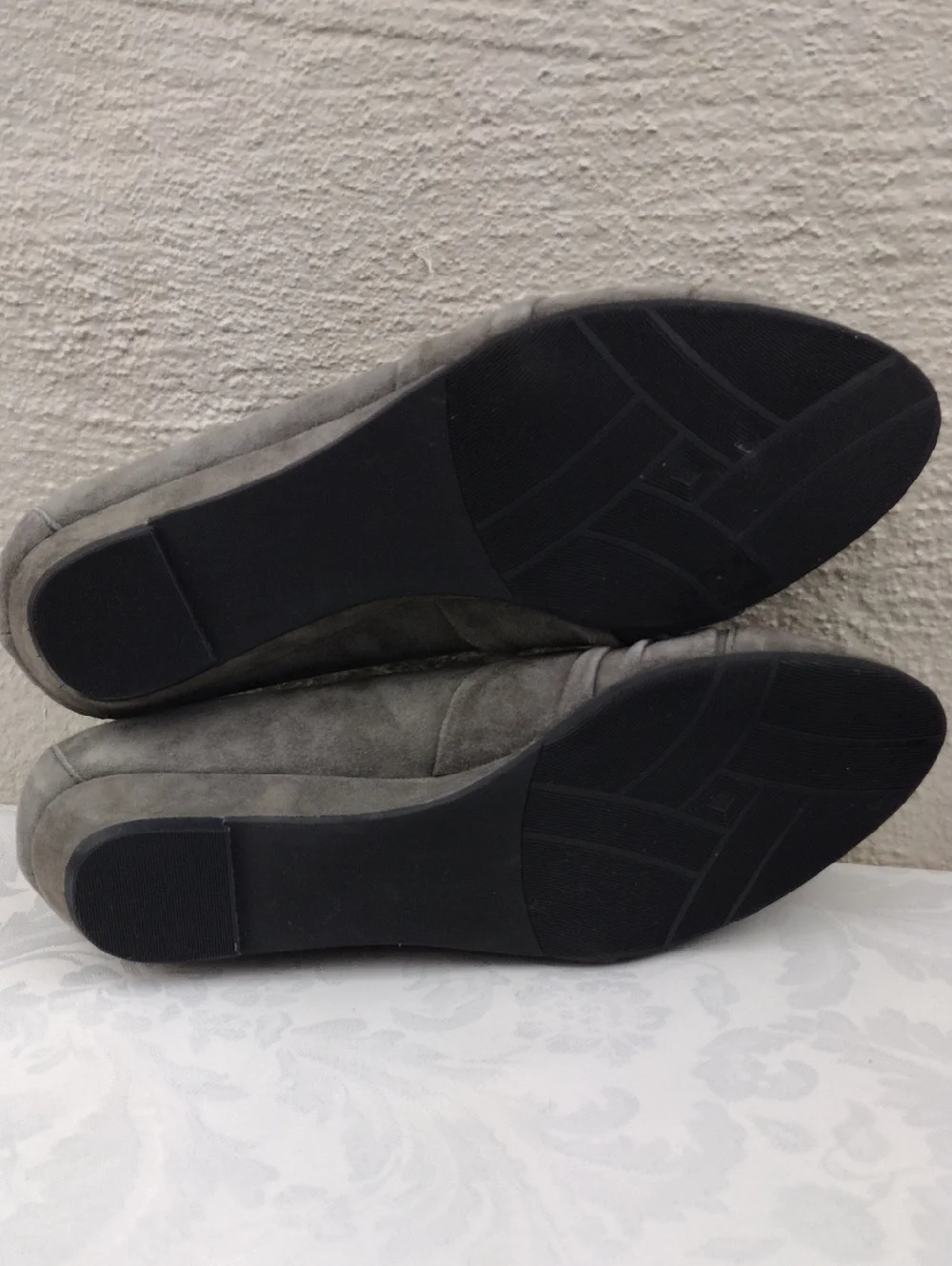 Array Grey Suede Leather Ruching Upper Almond Toe Slip On Low Wedged Heel Shoe